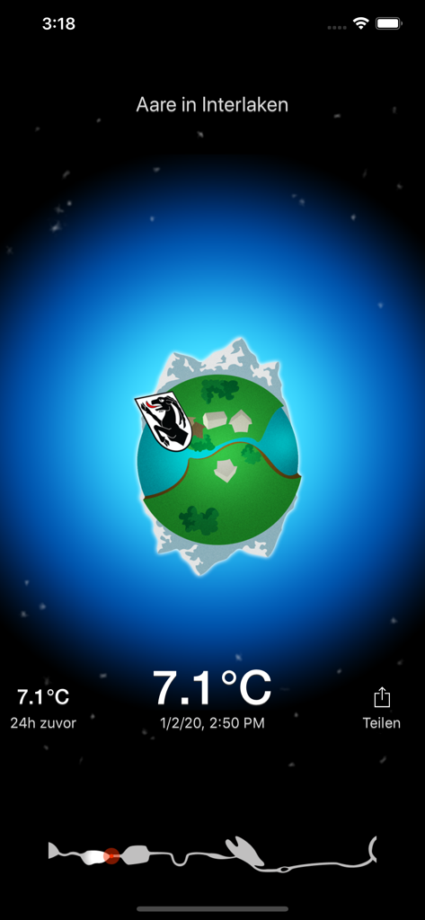 Aare - Aare App-Oberfläche, die 7,1 Grad Celsius Wassertemperatur in Interlaken anzeigt