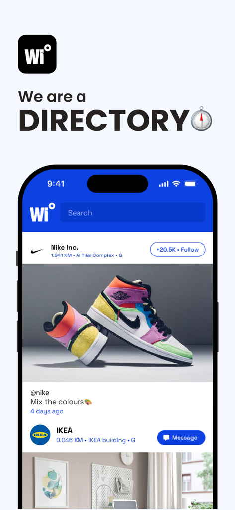 Within - Withinアプリのインターフェースが、近くのビジネス投稿を表示する超地域密着型ディレクトリフィードを表示