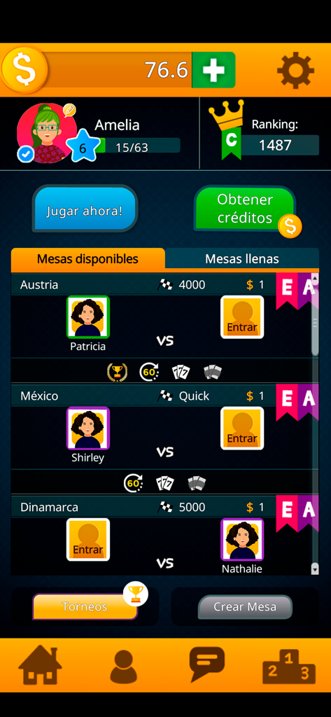 Buraco by ConectaGames - Pantalla del lobby del juego de cartas Buraco que muestra las mesas disponibles y el ranking de jugadores