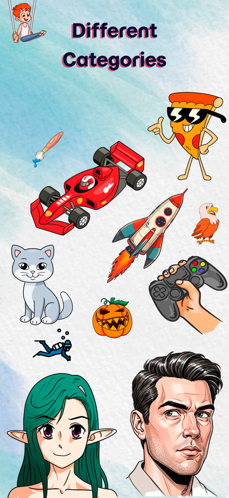 Drawing & Paint : Ar Drawing - A variety of drawing sketches including anime, portraits, animals, and vehicles displayed under the heading Different Categories.