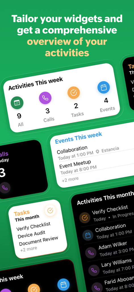 Bigin by Zoho CRM - Une collection de widgets mobiles Bigin CRM affichant les activités hebdomadaires, les événements à venir et les tâches mensuelles.