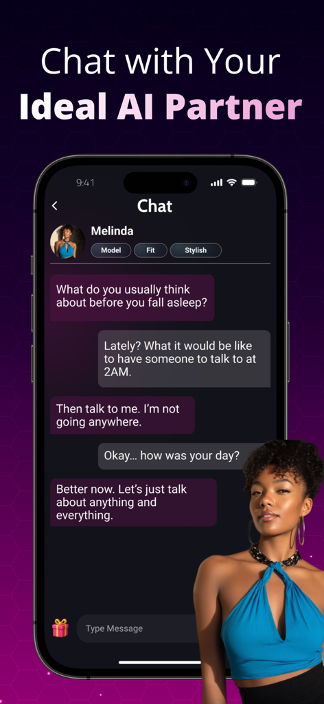 A mobile phone screen displaying a chat with a stylish AI companion named Melinda in the MurMe app.