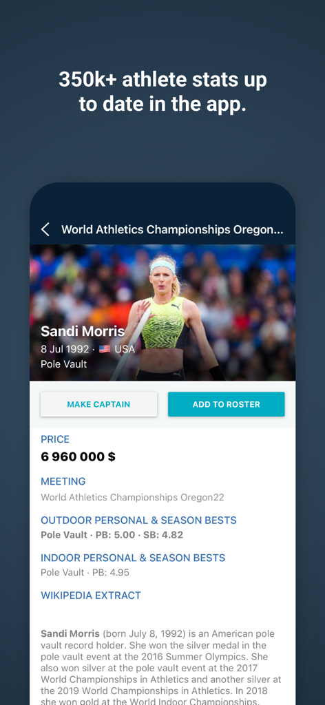 Roster Athletics - Roster Athletics mobile app showing an athlete profile with personal records and track and field statistics