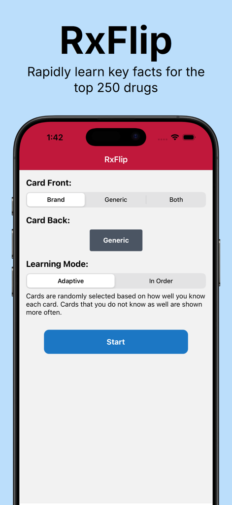 RxFlip - Pantalla de configuración de estudio de RxFlip para tarjetas de memoria de medicamentos que muestra aprendizaje adaptativo y opciones de personalización de tarjetas