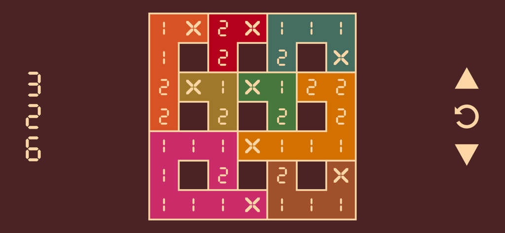 A minimalist puzzle grid from Cardinal Chains with colorful paths and digital numbers.
