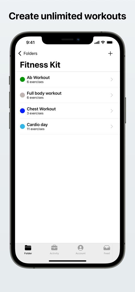 Fitness Kit app screen showing a list of custom workout routines like Ab Workout and Full Body Workout