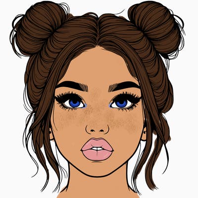 realistic girl with two buns on her hair and lips