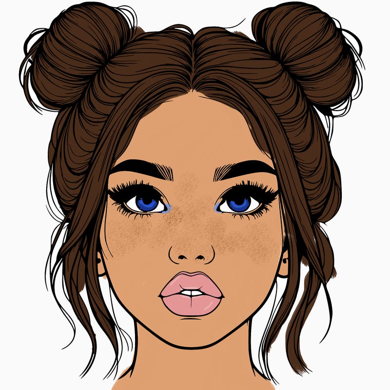 realistic girl with two buns on her hair and lips