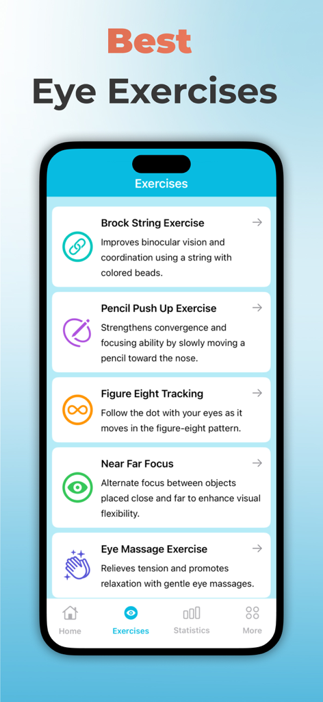 Eye Test & Exercises :Vision 7 - Pantalla de la aplicación Vision 7 mostrando un menú de ejercicios oculares guiados, incluyendo Hilo de Brock y Empuje de Lápiz.