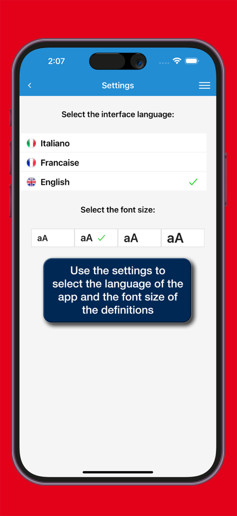 il Sansoni Francese - Settings screen of the il Sansoni Francese app showing interface language and font size selection