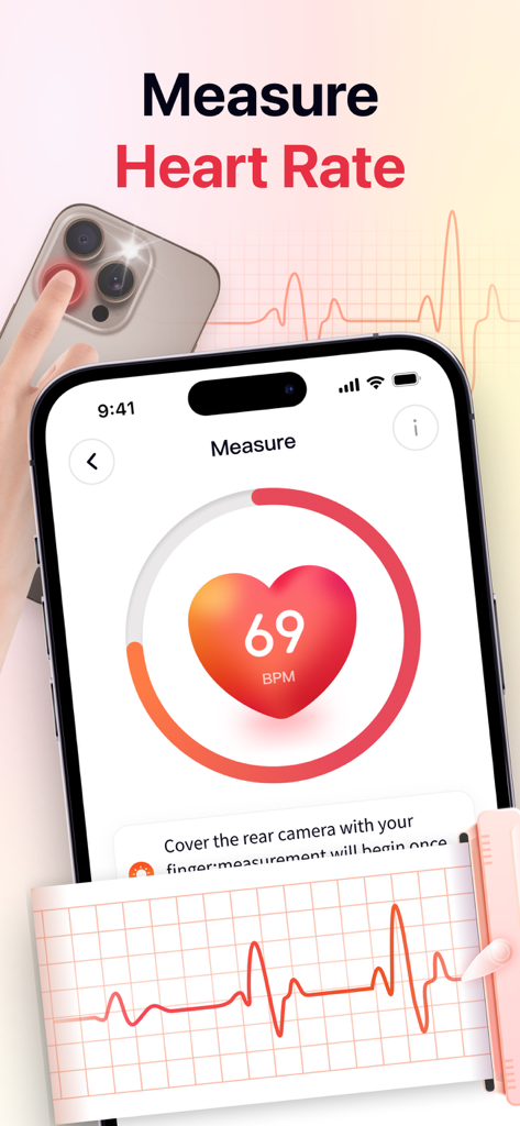 Smartphone screen showing heart rate measurement in BPM using the camera on the Health Monitor app.