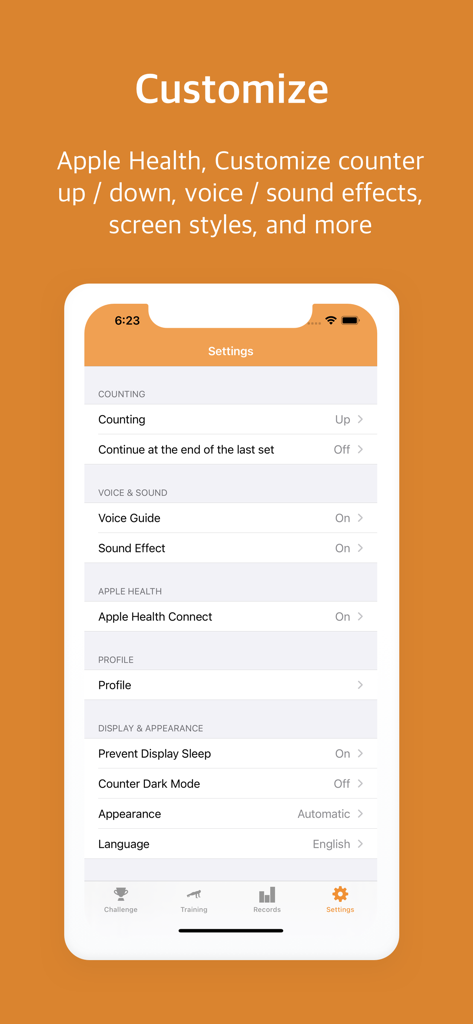 Pushupstar: push ups counter - Pushupstar app settings for customizing counts and Apple Health integration