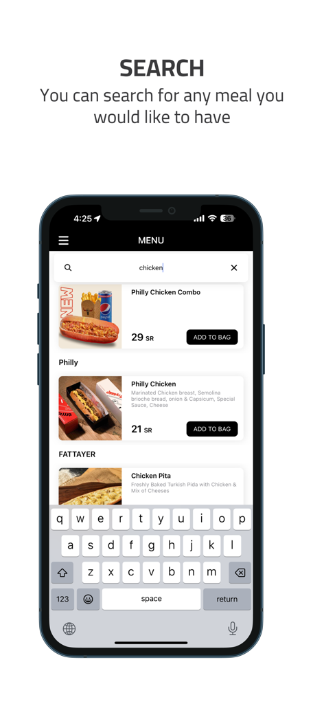 HAJI | حجي - HAJI food app search screen showing chicken meal options and prices