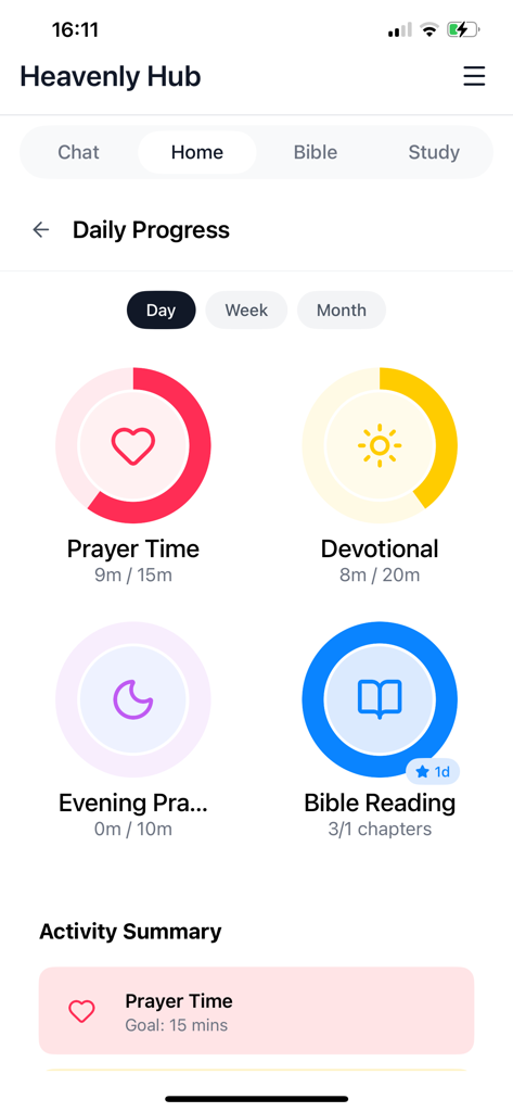 Heavenly Hub: AI Bible Chat - Heavenly Hub app interface showing daily progress tracking for prayer time, devotionals, and Bible reading goals.