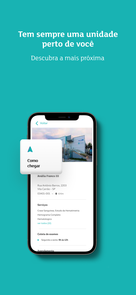 Weinmann Serdil - Tela do aplicativo Weinmann Serdil exibindo detalhes de localização de clínicas e opções de navegação