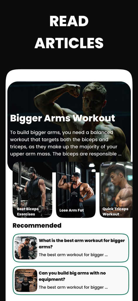 Daily Arm Workout at Home - Una pantalla de la aplicación que muestra artículos y consejos de fitness para desarrollar bíceps y brazos más grandes