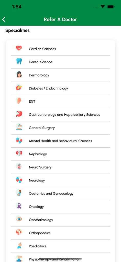 MyFortis Doc - MyFortis Doc app screen showing a list of medical specialties for doctor referrals with descriptive icons