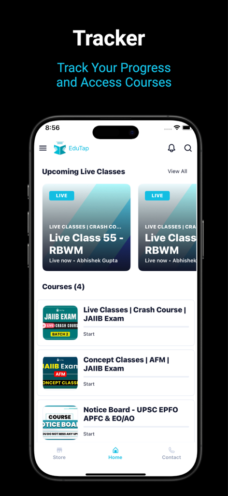 EduTap - EduTap mobile app interface displaying upcoming live classes and exam courses