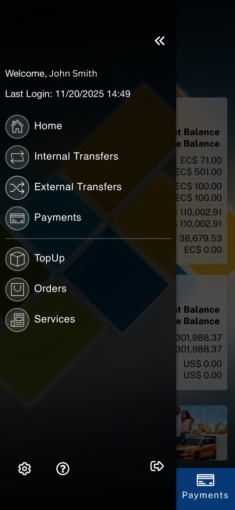 A side navigation menu within the ECAB Mobile banking app showing options for account home internal and external transfers payments topup orders and services