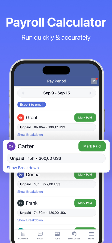 Employee Link app payroll calculator screen showing worker unpaid hours and total pay