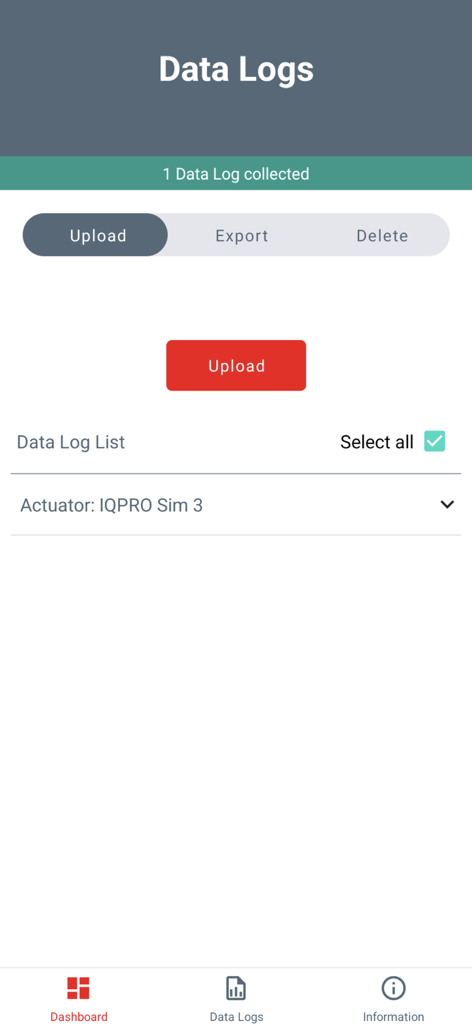 Rotork IQ3 Pro Actuator App - Pantalla de gestión de registros de datos en la aplicación Rotork IQ3 Pro Actuator con opciones para cargar, exportar y eliminar datos recopilados del actuador