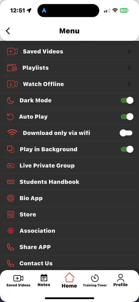 Menú de la aplicación BJJ Coach Online mostrando opciones de gestión de video y configuraciones de entrenamiento