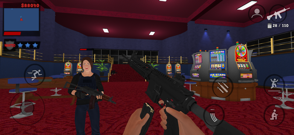First-person shooter gameplay of a casino heist mission in Justice Rivals 3