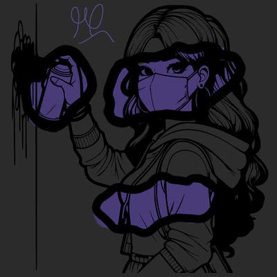 realistic girl with mask spray painting a wall