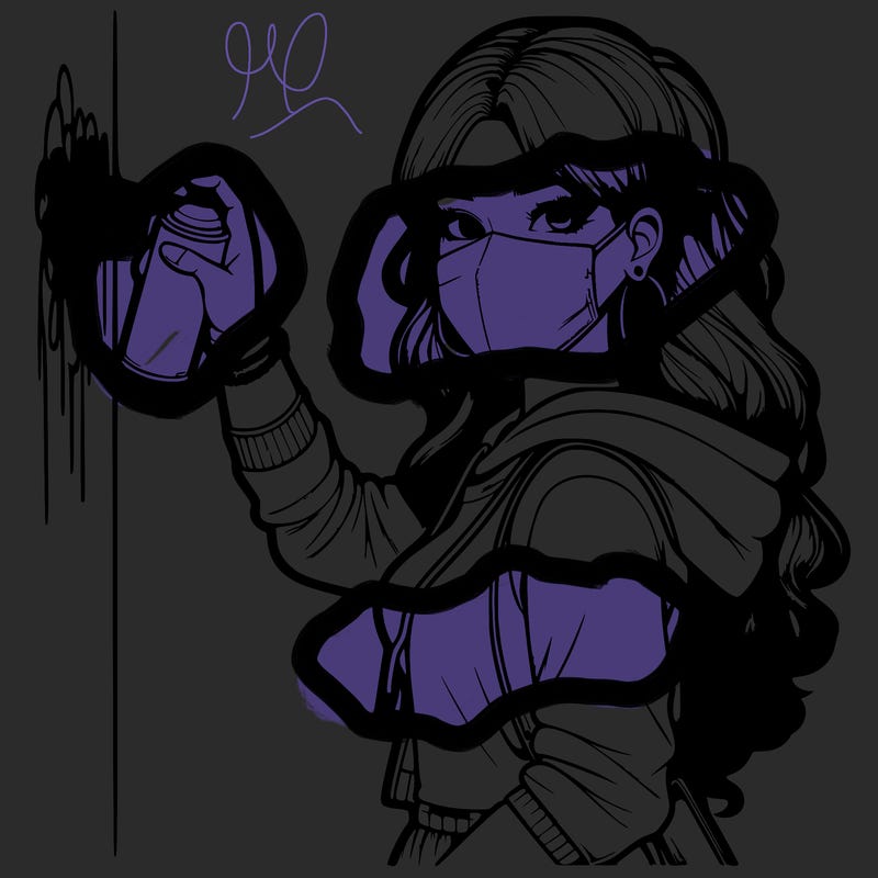 realistic girl with mask spray painting a wall