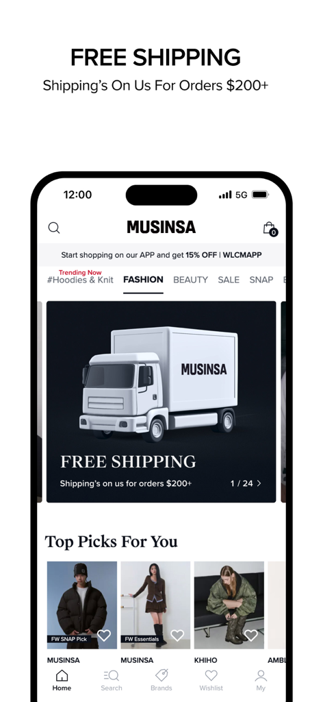 MUSINSA app home screen showing a free shipping banner and top picks for curated Korean fashion.