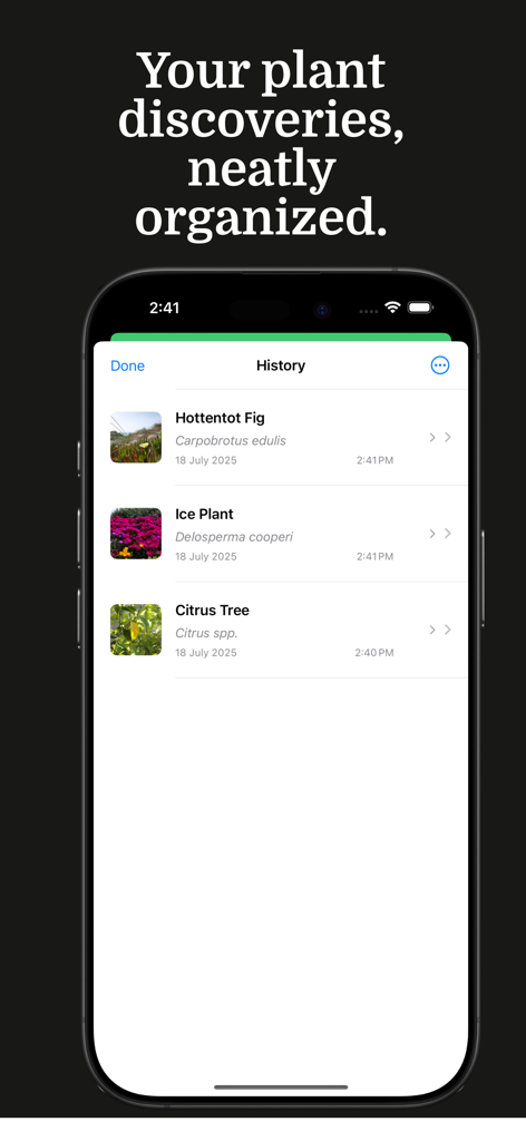 Plantella - Plant Identifier - Plantella app history screen showing organized plant identification discoveries