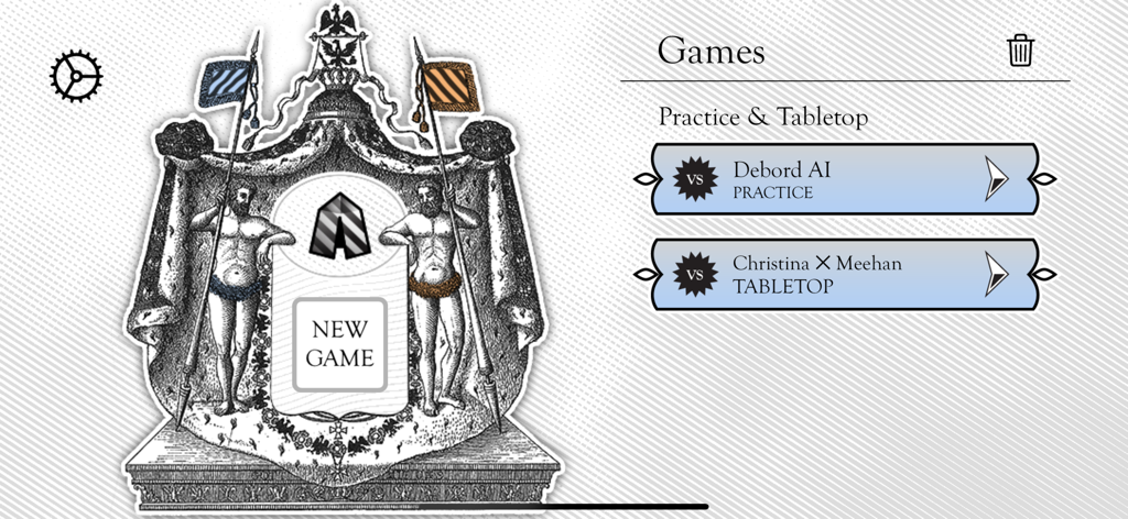 Kriegspiel - Menú principal del juego de estrategia Kriegspiel que muestra los modos de juego Práctica y de Mesa con una ilustración clásica de un escudo de armas.