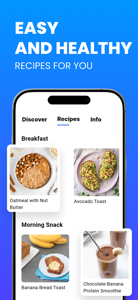 Weight Gain App – Gain Weight - Interface de aplicativo móvel exibindo receitas saudáveis de alta caloria como aveia e smoothies de proteína para ganho de peso