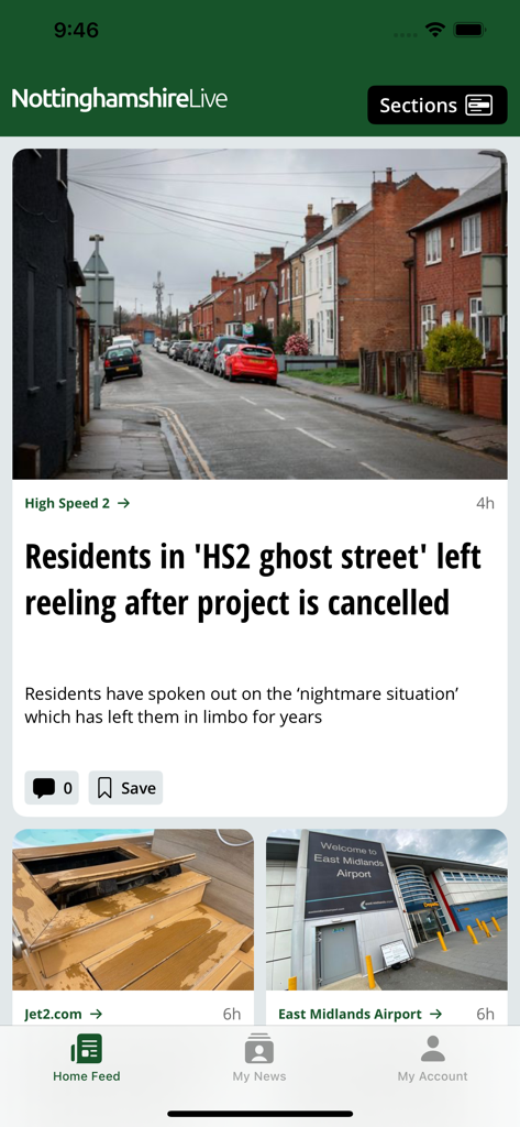 Der Haupt-Feed der Nottinghamshire Live App mit einer Schlagzeile über Anwohner einer Geisterstraße im Zusammenhang mit HS2 und lokalen Nachrichtenbereichen.