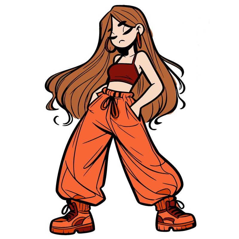 girl in baggy pants crop top and long hair