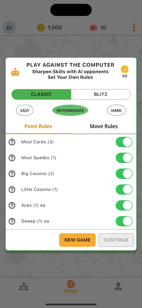 Pocket Cassino - Pocket Cassino app interface showing customizable point rules and AI difficulty settings for playing against the computer.