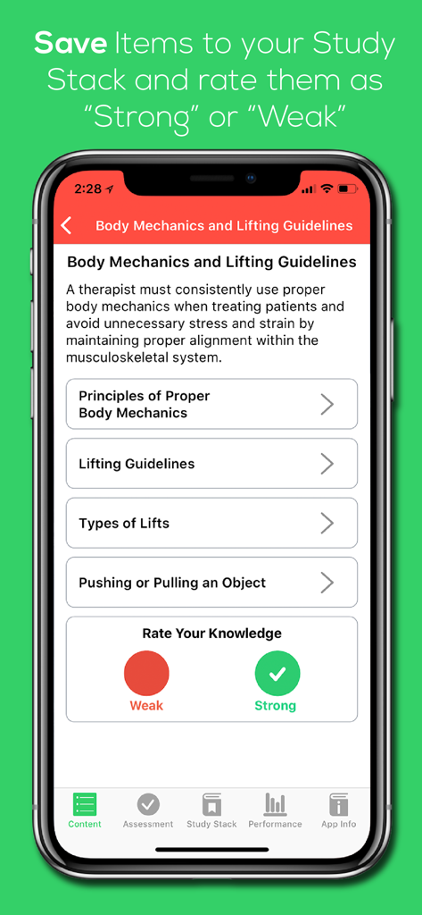 PT Content Master app interface showing study content for body mechanics and options to rate knowledge as strong or weak