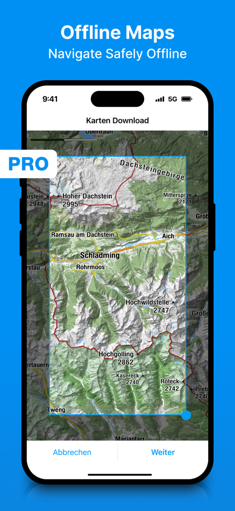 bergfex: Hiking & Tracking - Selection screen for downloading offline topographic maps in the bergfex app