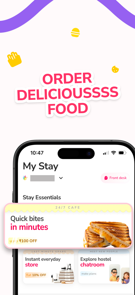 goSTOPS app screen showing the 24/7 cafe food ordering feature and stay essentials for backpackers
