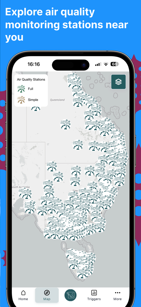 Canberra Pollen Count - Map displaying air quality monitoring stations in the Canberra Pollen Count app