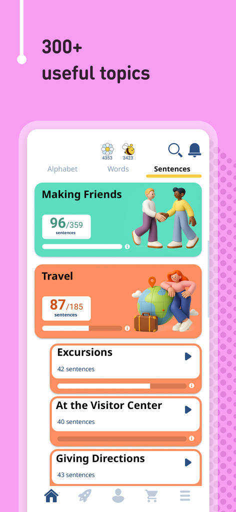FunEasyLearn - Learn Languages - Interfaz de la app FunEasyLearn mostrando categorías de oraciones para viajes y hacer amigos