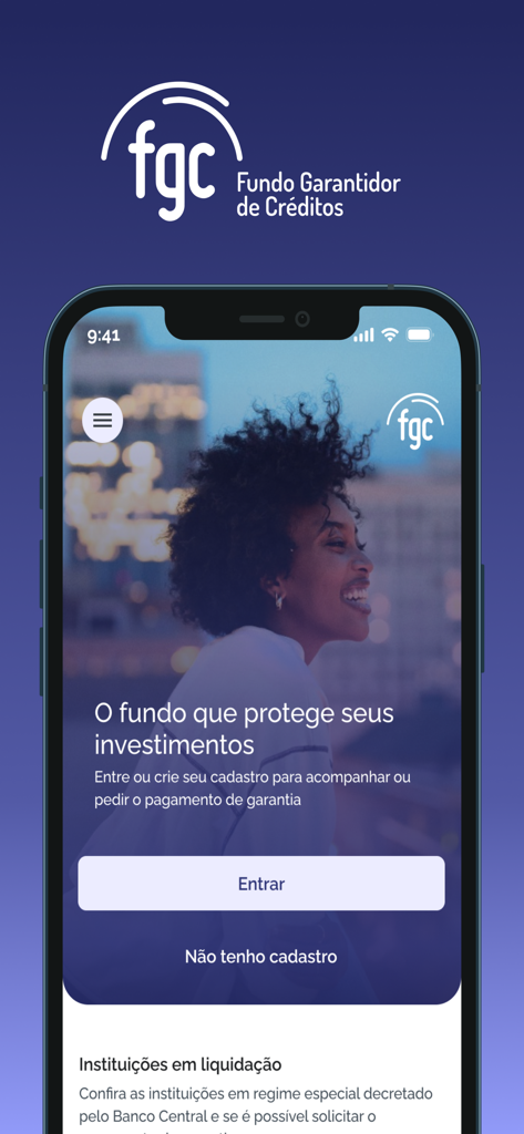 FGC - Tela inicial do aplicativo móvel FGC mostrando as opções de login e registro para proteção de investimentos