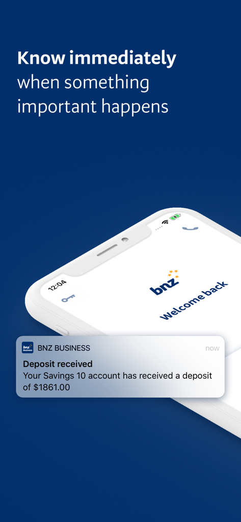 BNZ Mobile Business Banking - A smartphone displaying a deposit notification from the BNZ Mobile Business Banking app.