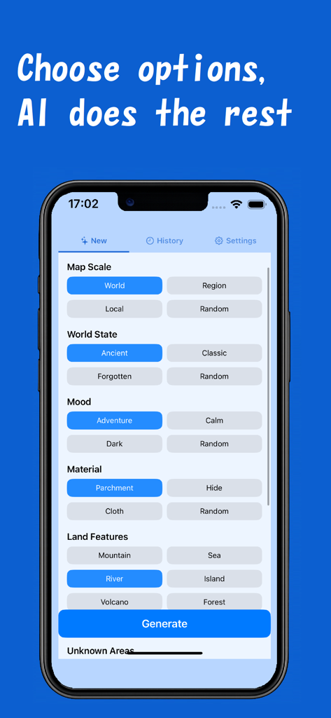 FantasyMapAI - FantasyMapAI interface showing options for map scale mood and material