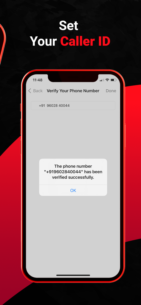 RecordACall - Call Recorder - iPhone-Bildschirm, der die erfolgreiche Überprüfung der Telefonnummer für die Einrichtung der Anrufer-ID in der RecordACall-App zeigt