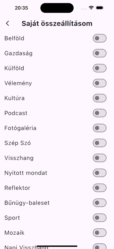 Nepszava mobile app settings screen showing news category personalization toggles