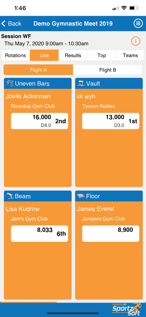 LiveMeet app interface showing live scores for gymnastics events including Uneven Bars Vault Beam and Floor