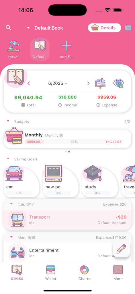 Dashboard of the Money Plus Cute Expense Tracker app showing monthly budget progress, income, expenses, and savings goals with a pink aesthetic design.