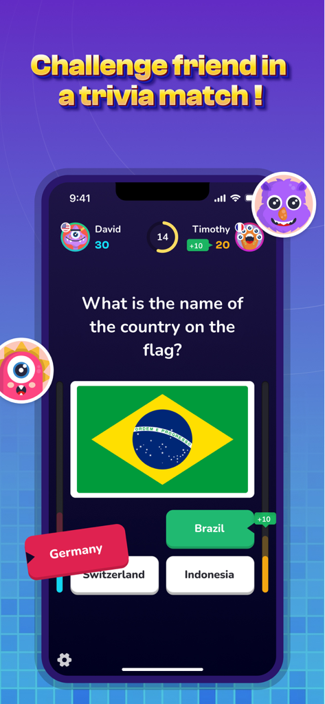 QuizWiz - Trivia App - Dos jugadores compitiendo en un partido de trivia multijugador sobre banderas del mundo en la aplicación QuizWiz.