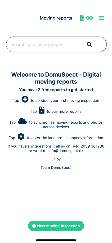 Welcome screen of DomuSpect app for digital moving reports featuring a new inspection button and startup instructions